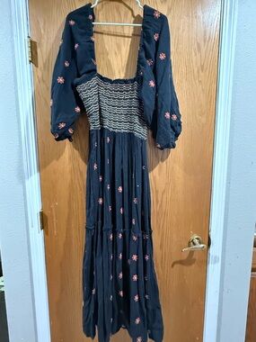 Free People Black Maxi Dress with rust orange Floral Embroidery